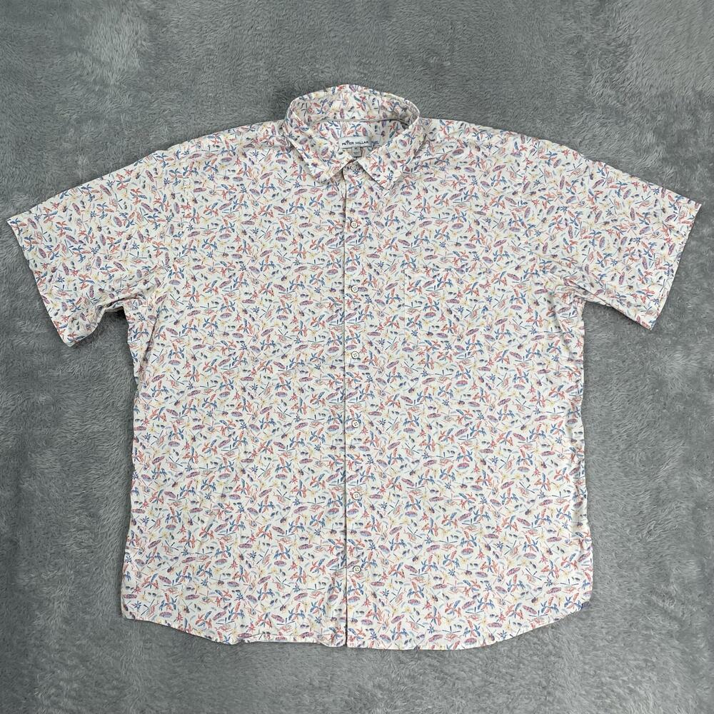 Peter Millar Shirt Mens XL White Graphic Print Short Sleeve Button Up Casual